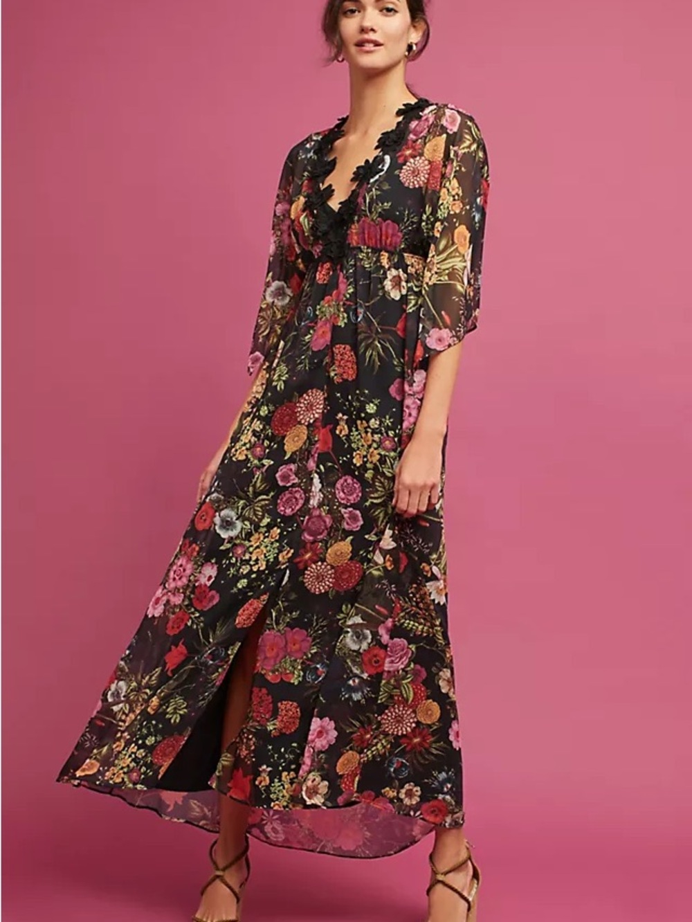 Floral V-Neck Maxi Dress in Black and Pink